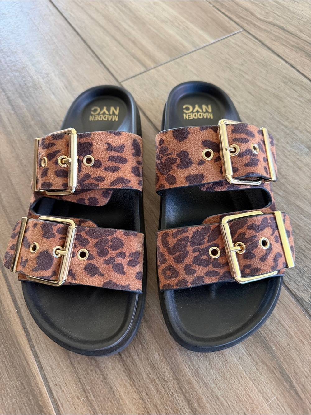 Madden NYC Women's Leopard Print Double-Buckle Slide Sandals - Footbed size 8